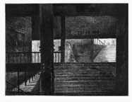 Etching illustrating inside a subway station in NYC with view of a platform and a street.