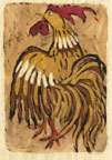 Color Batik on paper illustrating a rooster. 