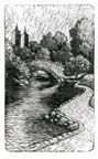 Wood Engraving illustrating a view from Central Park, NYC, with pond, bridge, and tall buildings in the background.  