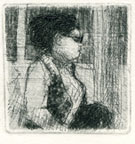 Etching illustrating a girl with black hair in a subway.